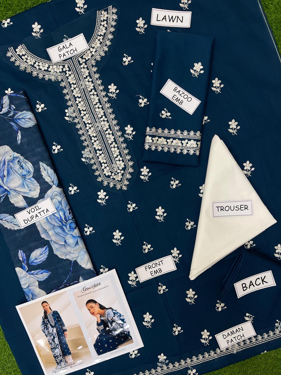 CROSS STITCH SAPPHIRE BLUE LUXURY EMBROIDERED LAWN - MP001