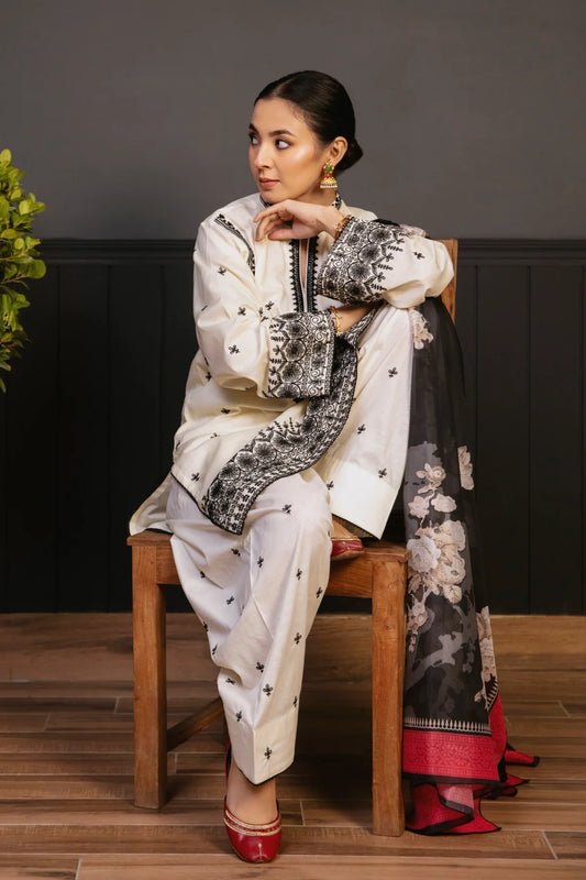 ZARA SHAHJAHAN 3PC LAWN EMBROIDERED SHIRT WITH VOIL DIAMOND DUPATTA - MP022