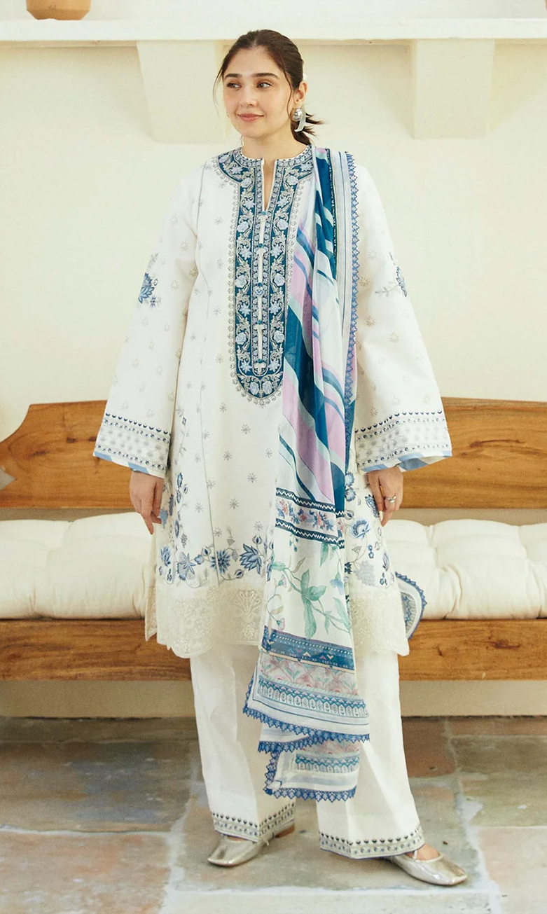 ZAHRA SHAHJAHAN- 3PC LAWN EMBROIDERED SHIRT WITH DIGITAL PRINTED DIAMOND DUPATTA -  MP019