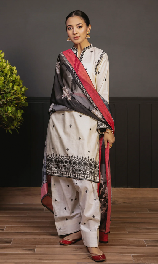 ZARA SHAHJAHAN 3PC LAWN EMBROIDERED SHIRT WITH VOIL DIAMOND DUPATTA - MP022