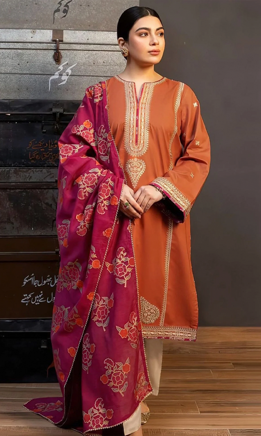 ZARA SHAHJAHAN - 3PC Lawn EMBROIDERED SHIRT WITH PRINTED DUPATTA AND PLAIN TROUSER - MP002