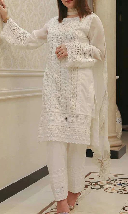 Embroidered 3PC ChikanKari Lawn Dress With Embroidered Chiffon dupatta - MP006