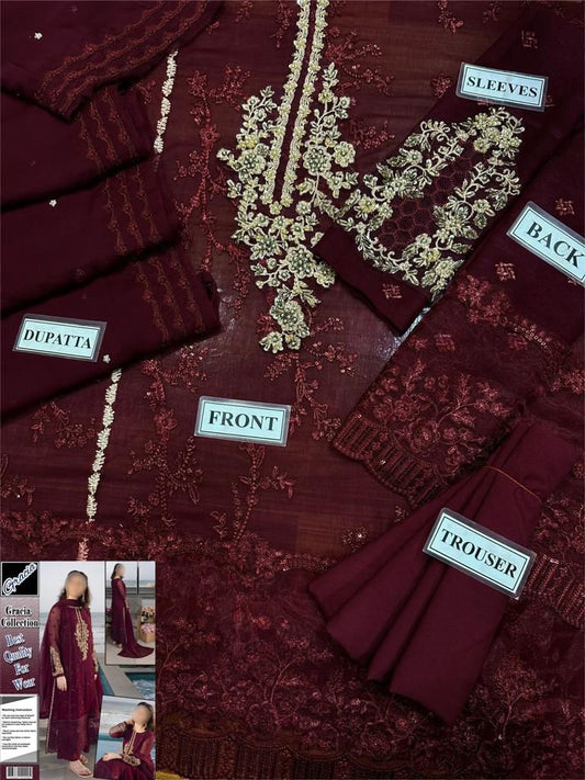 AZURE Carnelian 3PC Chiffon With Chiffon Dupatta & Malai Trouser - MP020