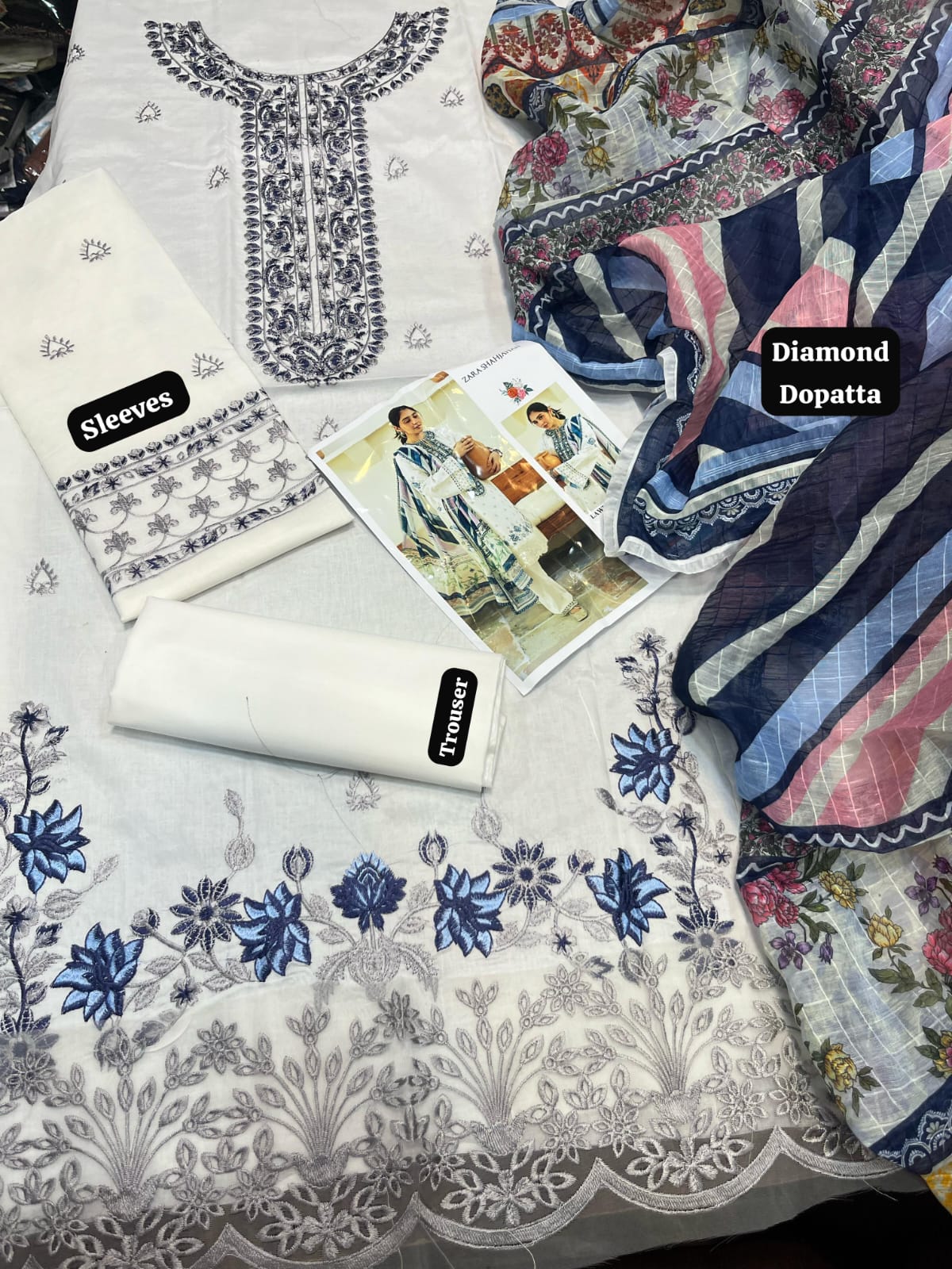 ZAHRA SHAHJAHAN- 3PC LAWN EMBROIDERED SHIRT WITH DIGITAL PRINTED DIAMOND DUPATTA -  MP019